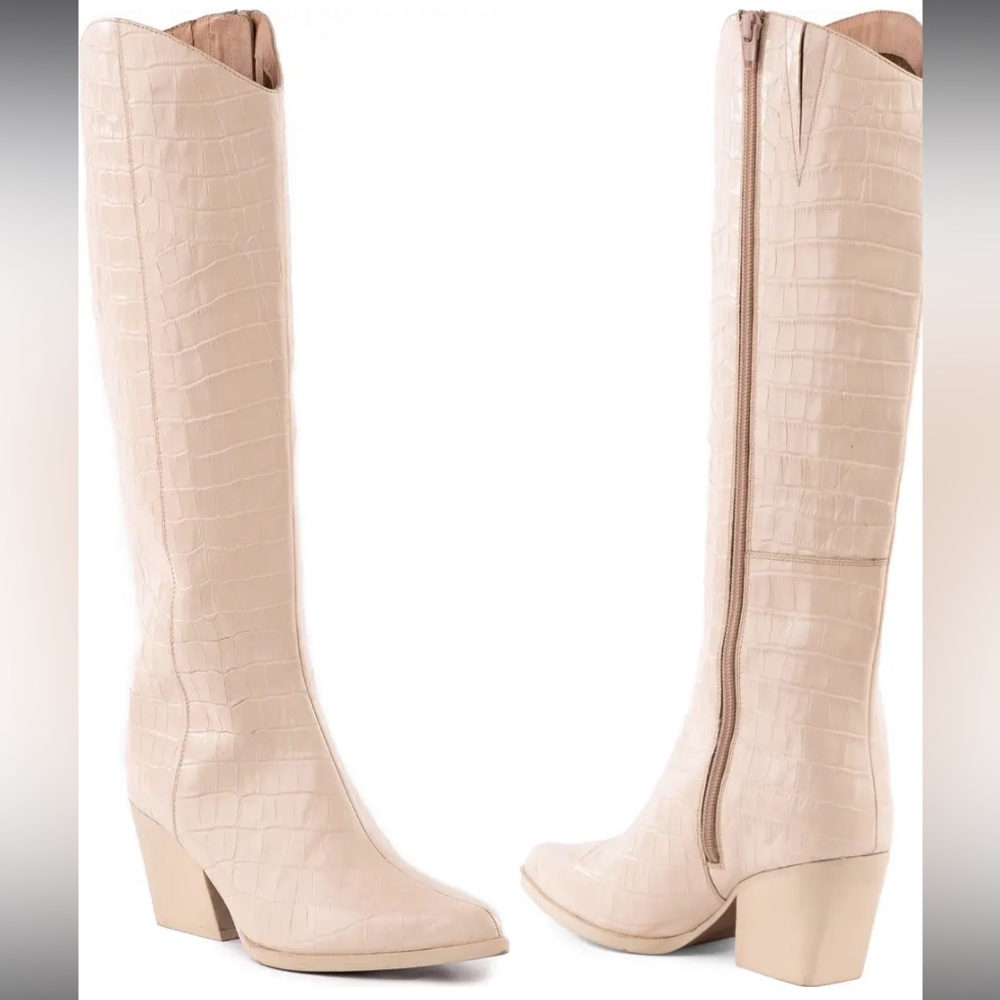 Faux snake skin pink knee high boots
